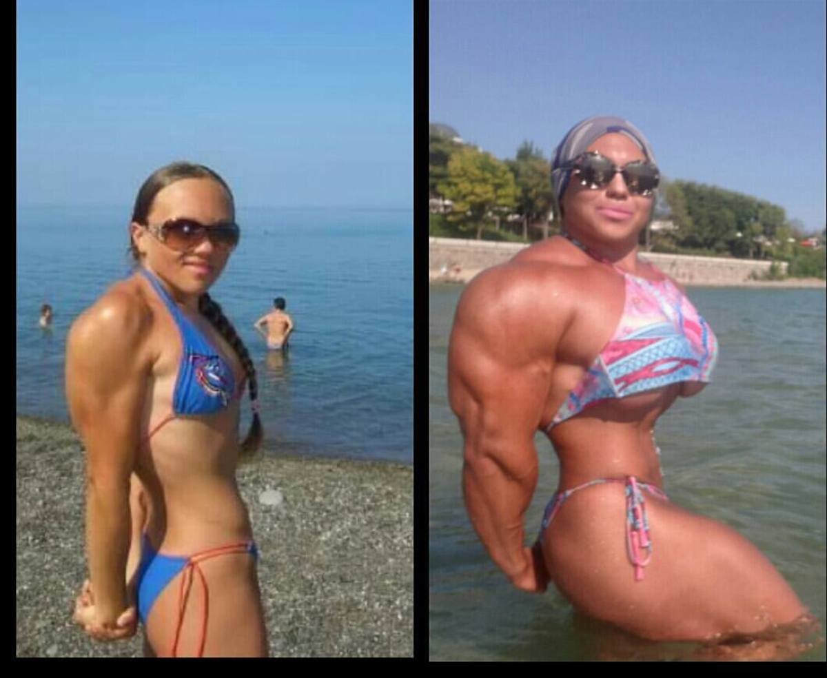 Side by side photos of Natalia Kuznetsova before and after her physical transformation, Photo Credit: nataliya.amazonka/Instagram